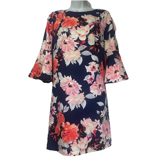 ELIZA J Navy Blue Floral Print 3/4 Bell Sleeve Cocktail Shift Dress Size 12P - Picture 1 of 7